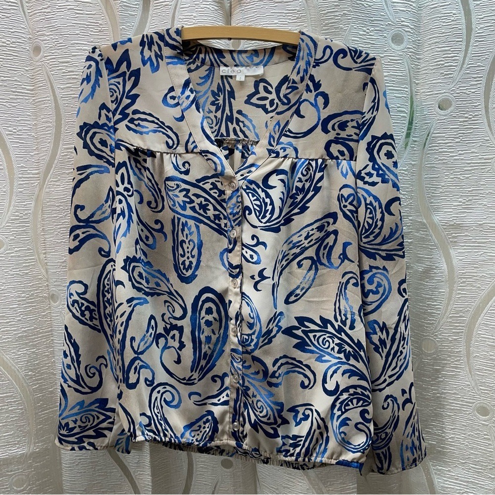 Cleo Paisley Print‎ V Neck Button Front Long Sleeve Blouse Top Womens Size S